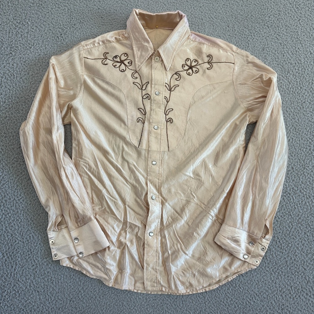 Vintage 40s 50s Western Floral Button-up Shirt Mens Large Rockabilly Yoke Gold - Picture 7 of 11